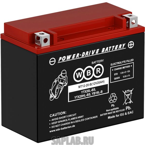 Купить WBR MT1220B Аккумулятор мотоциклетный WBR MT 12-20B YTX20L-BS 12V 20Ah AGM